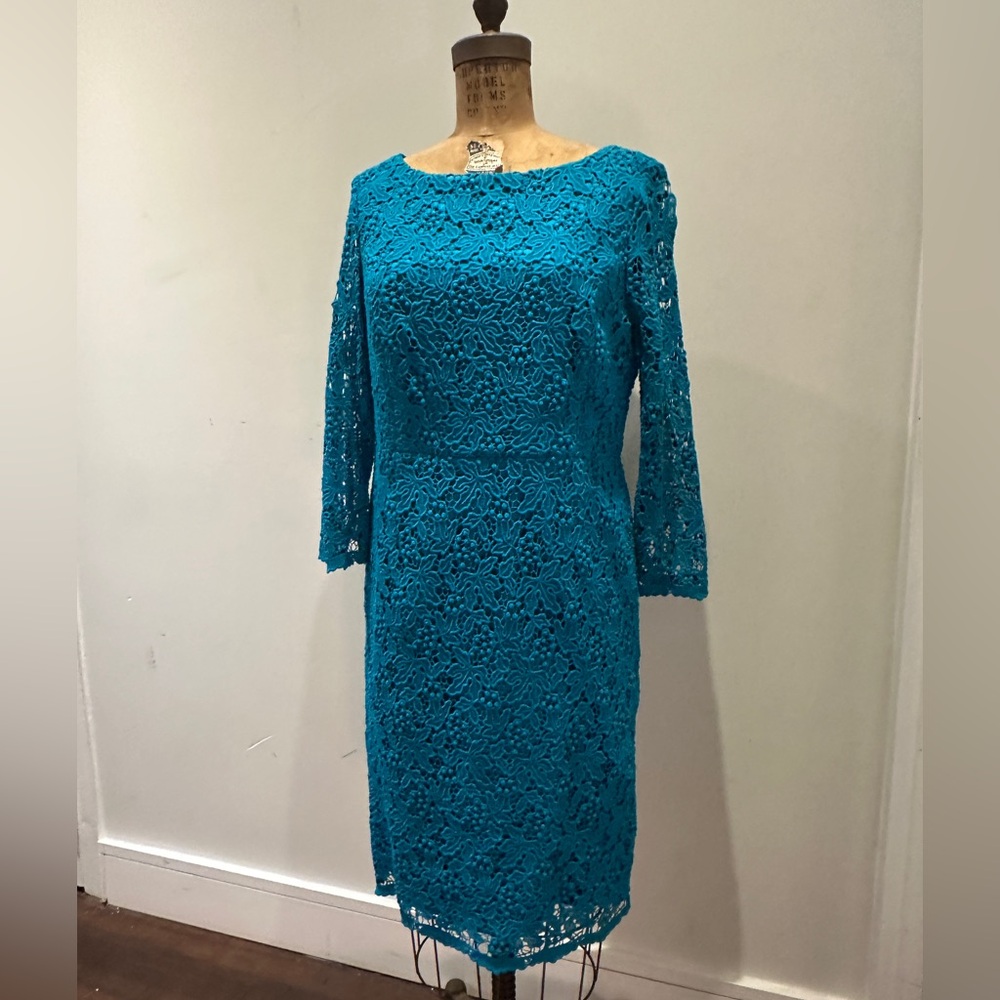 Talbots Teal Blue Long Sleeve Cotton Lace Dress size 10 Fully Lined